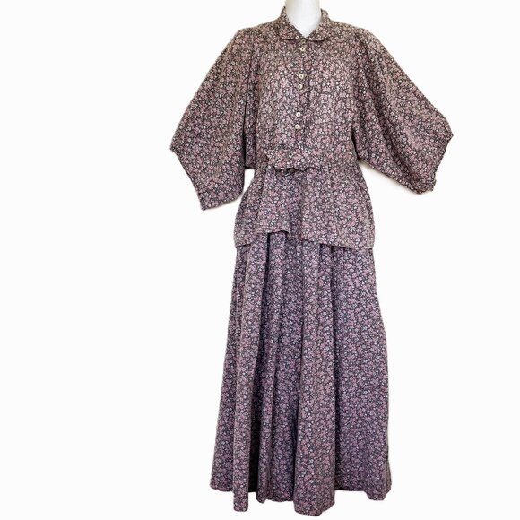 Peasant Blouse & Maxi Skirt Set Vintage Calico Floral Print Home Made - Picture 1 of 11